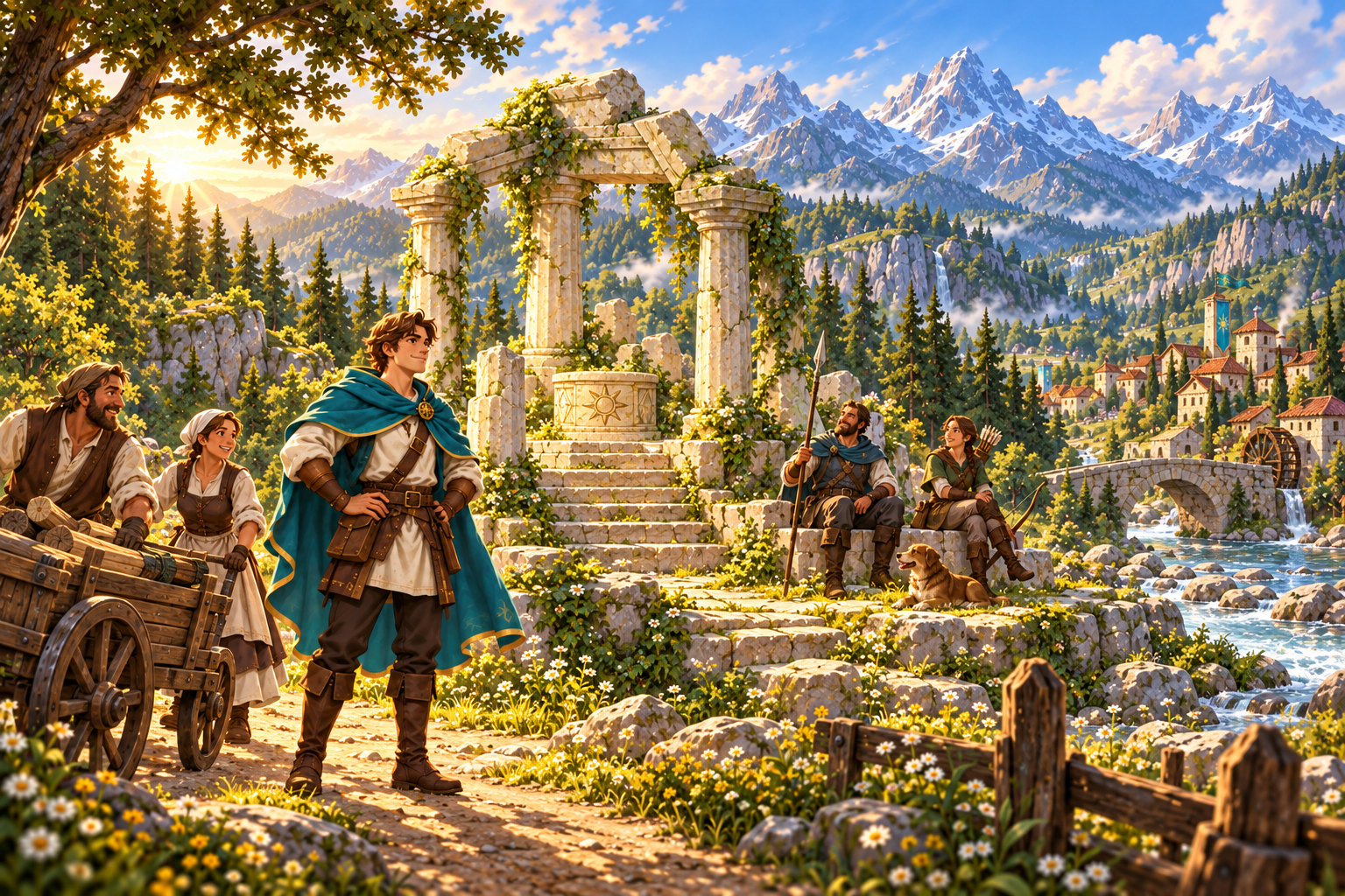 Concept art of a sunlit settlement and the surrounding mountains