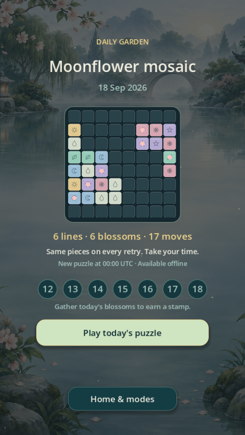 Daily Garden with a fixed puzzle, move limit and a row of completion stamps