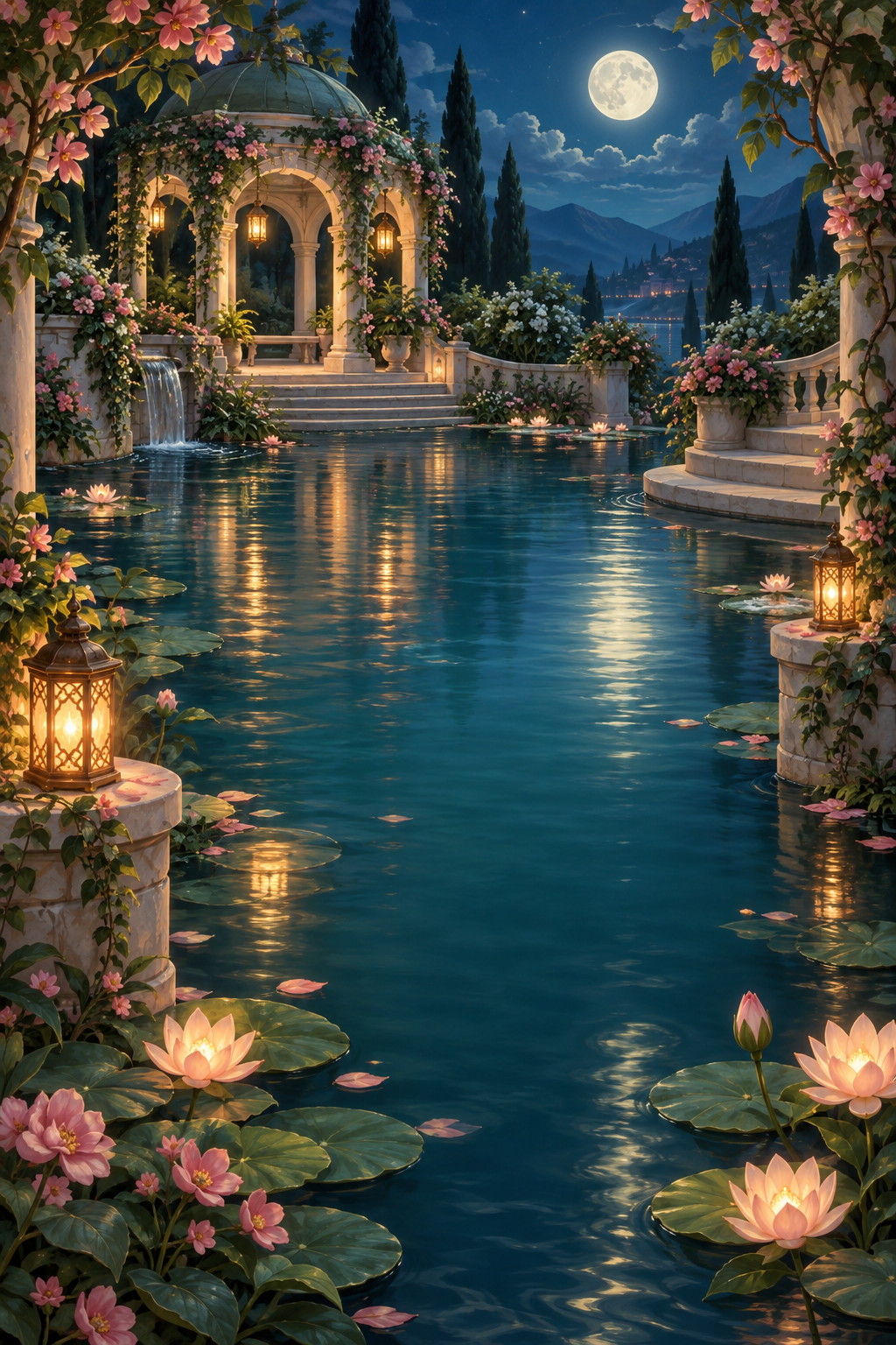 Golden lanterns illuminate a moonlit garden and water lilies