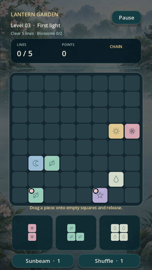 Lantern Garden level three with blocks to drag and blossom objectives